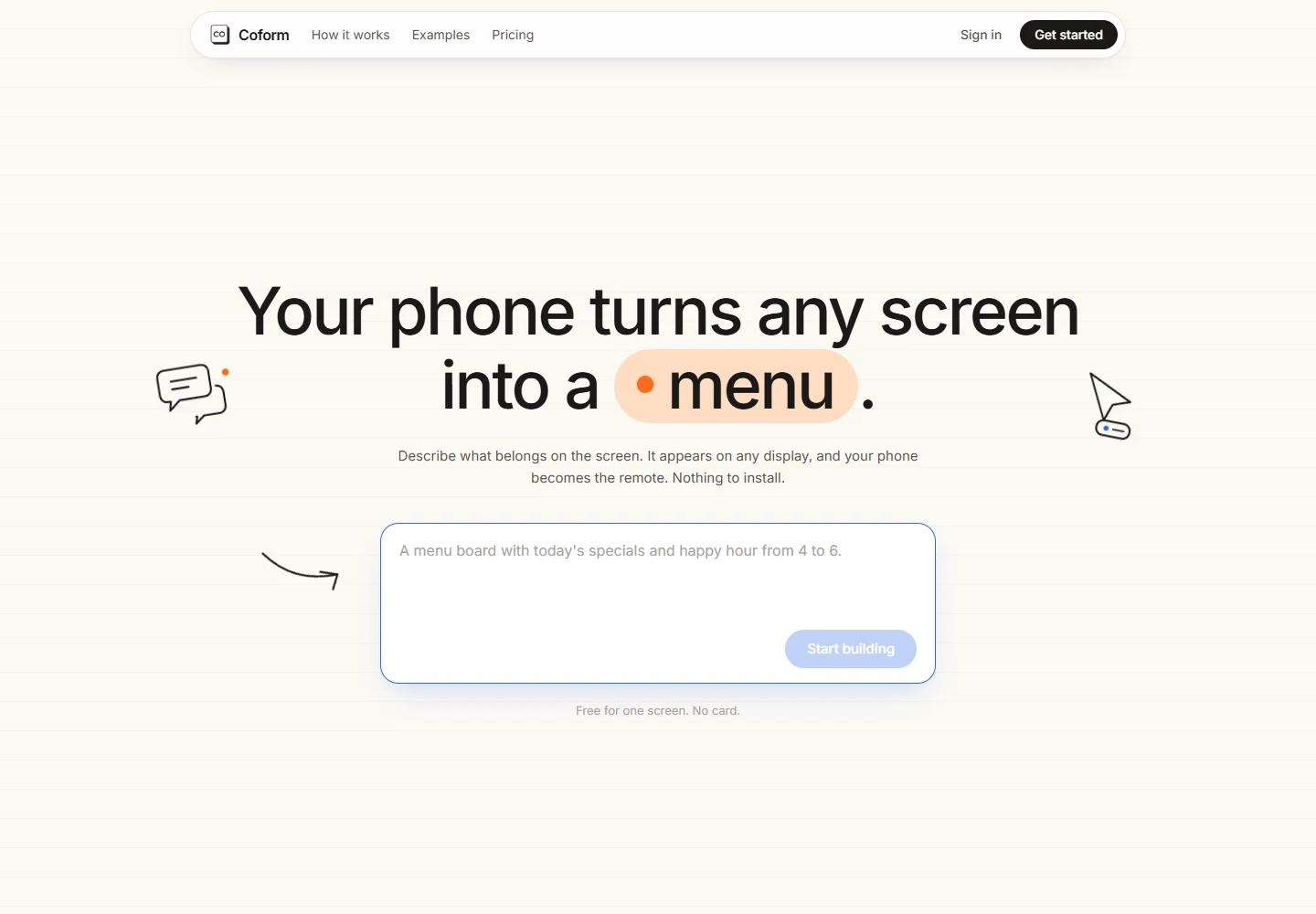 Coform website hero: Your phone turns any screen into a menu